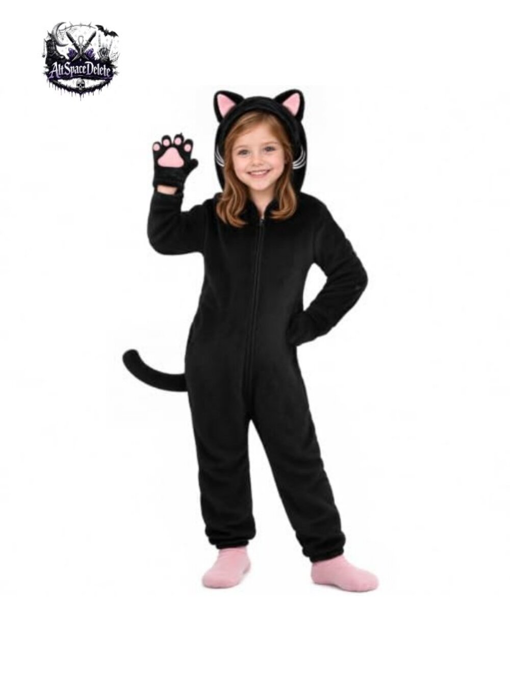 Kids Cat Costume Zip-Up Hooded Onesie with Tail & Claw Gloves